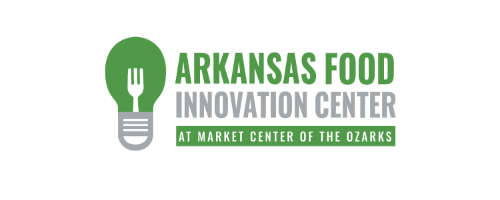 Logo for the Arkansas Food Innovation Center at Market Center of the Ozarks, featuring a green lightbulb with a fork inside it next to the text.