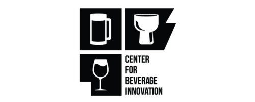 A black and white logo for the Center for Beverage Innovation featuring stylized icons of a beer mug, a wine glass, and a tasting glass.